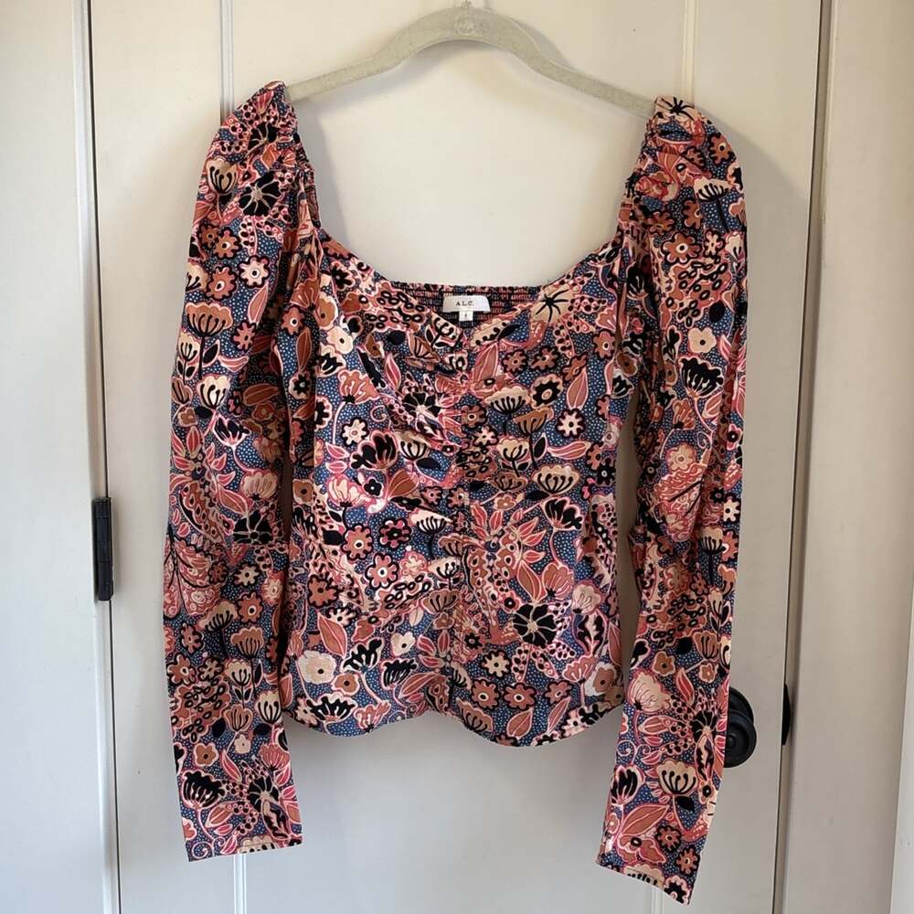 A.L.C Womens Chandler Top Blouse Sz 8 Floral Puff Sleeve Sweetheart Neckline